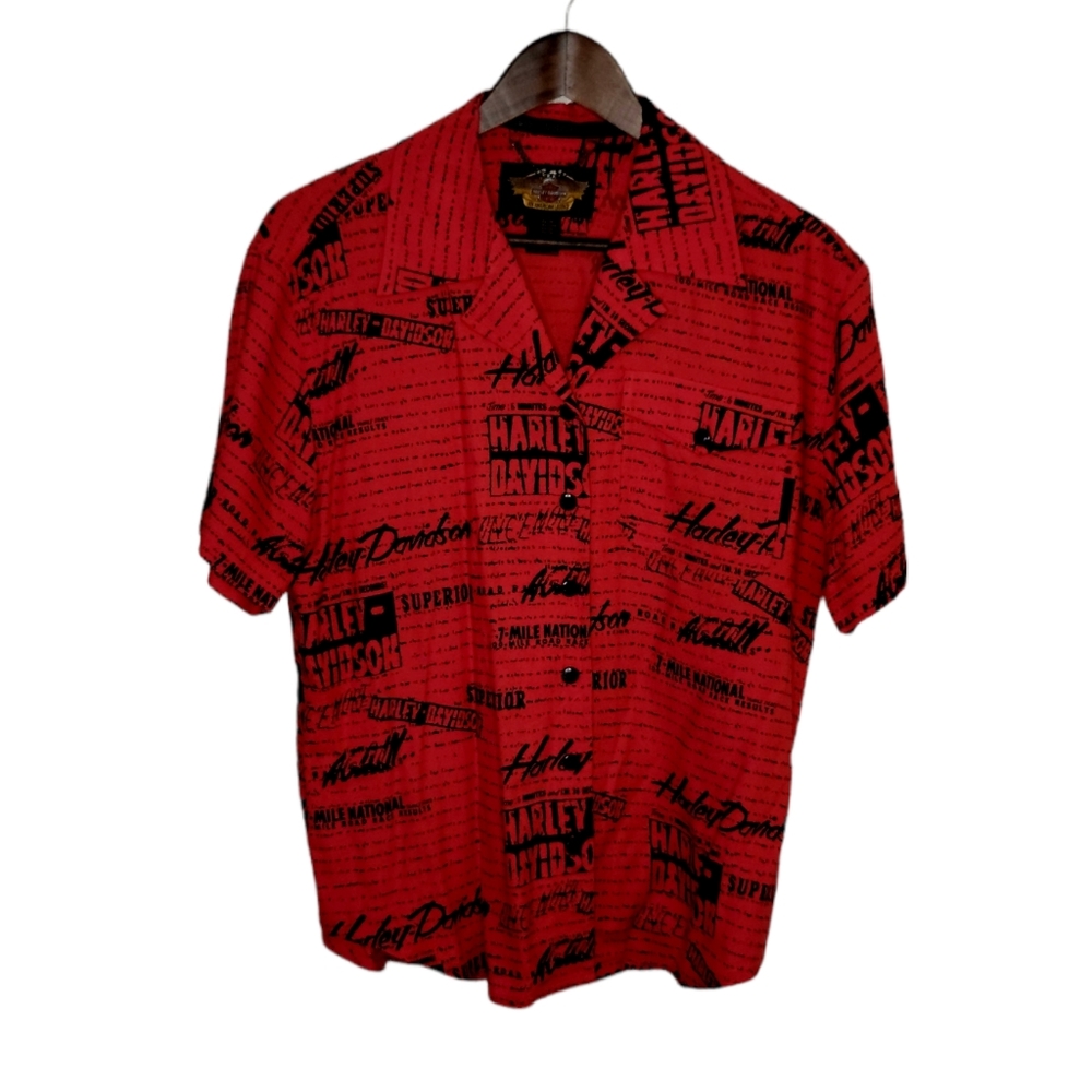 Harley Davidson News Print Button Up Top